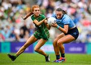 3 August 2025; Niamh Hetherton of Dublin in action against Karla Kealy of Meath during the TG4 All-Ireland Ladies Football Senior Championship final match between Dublin and Meath at Croke Park in Dublin. Photo by Seb Daly/Sportsfile