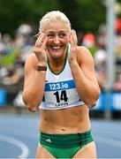 3 August 2025; Sarah Lavin of Emerald AC, Limerick, after winning the senior women's 100m hurdles final during day two of the 153rd 123.ie National Track & Field Senior Championships at Morton Stadium in Dublin. Photo by Sam Barnes/Sportsfile