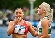 3 August 2025; Sarah Quinn of St Colmans South Mayo AC, Mayo, left, is congratulated by Sarah Lavin of Emerald AC, Limerick, after finishing third in the senior women's 100m hurdles final during day two of the 153rd 123.ie National Track & Field Senior Championships at Morton Stadium in Dublin. Photo by Sam Barnes/Sportsfile