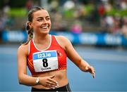 3 August 2025; Sarah Quinn of St Colmans South Mayo AC, Mayo, reacts after finishing third in the senior women's 100m hurdles final during day two of the 153rd 123.ie National Track & Field Senior Championships at Morton Stadium in Dublin. Photo by Sam Barnes/Sportsfile