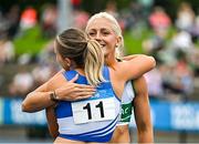 3 August 2025; Sarah Lavin of Emerald AC, Limerick, right, is congratulated by Molly Scott of St Laurence O'Toole AC, Carlow, after winning the senior women's 100m hurdles final during day two of the 153rd 123.ie National Track & Field Senior Championships at Morton Stadium in Dublin. Photo by Sam Barnes/Sportsfile