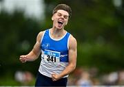 3 August 2025; Adam Nolan of St Laurence O'Toole AC, Carlow, celebrates winning the senior men's 110m hurdles final during day two of the 153rd 123.ie National Track & Field Senior Championships at Morton Stadium in Dublin. Photo by Sam Barnes/Sportsfile