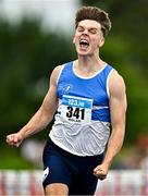 3 August 2025; Adam Nolan of St Laurence O'Toole AC, Carlow, celebrates winning the senior men's 110m hurdles final during day two of the 153rd 123.ie National Track & Field Senior Championships at Morton Stadium in Dublin. Photo by Sam Barnes/Sportsfile