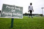 3 August 2025; Dipo Akinyemi of Derry City before the SSE Airtricity Men's Premier Division match between Shamrock Rovers and Derry City at Tallaght Stadium in Dublin.  Photo by Stephen McCarthy/Sportsfile