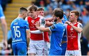 3 August 2025; Players from both sides tussle during the SSE Airtricity Men's Premier Division match between Waterford and St Patrick's Athletic at Regional Sports Centre in Waterford. Photo by Tyler Miller/Sportsfile