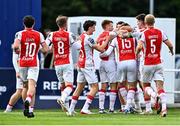 3 August 2025; Conor Carty of St Patrick's Athletic, hidden, celebrates with team-mates after scoring their side's second goal during the SSE Airtricity Men's Premier Division match between Waterford and St Patrick's Athletic at Regional Sports Centre in Waterford. Photo by Tyler Miller/Sportsfile