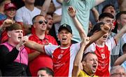 3 August 2025; St Patrick's Athletic supporters celebrate after their side's second goal, scored by Conor Carty, during the SSE Airtricity Men's Premier Division match between Waterford and St Patrick's Athletic at Regional Sports Centre in Waterford. Photo by Tyler Miller/Sportsfile