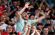 3 August 2025; St Patrick's Athletic supporters celebrate after their side's second goal, scored by Conor Carty, during the SSE Airtricity Men's Premier Division match between Waterford and St Patrick's Athletic at Regional Sports Centre in Waterford. Photo by Tyler Miller/Sportsfile