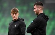3 August 2025; John McGovern, left, and Josh Honohan of Shamrock Rovers before the SSE Airtricity Men's Premier Division match between Shamrock Rovers and Derry City at Tallaght Stadium in Dublin.  Photo by Ben McShane/Sportsfile