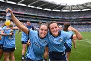 3 August 2025; Sinéad Goldrick, left, and Hannah Tyrrell of Dublin celebrate after their side's victory in the TG4 All-Ireland Ladies Football Senior Championship final match between Dublin and Meath at Croke Park in Dublin. Photo by Piaras Ó Mídheach/Sportsfile