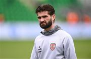 3 August 2025; Brandon Fleming of Derry City before the SSE Airtricity Men's Premier Division match between Shamrock Rovers and Derry City at Tallaght Stadium in Dublin.  Photo by Ben McShane/Sportsfile