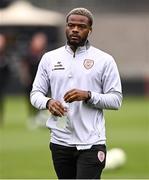 3 August 2025; Dipo Akinyemi of Derry City before the SSE Airtricity Men's Premier Division match between Shamrock Rovers and Derry City at Tallaght Stadium in Dublin.  Photo by Ben McShane/Sportsfile