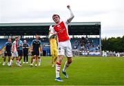 3 August 2025; Conor Carty of St Patrick's Athletic celebrates to supporters after their side's victory the SSE Airtricity Men's Premier Division match between Waterford and St Patrick's Athletic at Regional Sports Centre in Waterford. Photo by Tyler Miller/Sportsfile