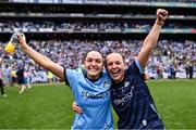 3 August 2025; Sinéad Goldrick, left, and Abby Shiels of Dublin celebrate after their side's victory in the TG4 All-Ireland Ladies Football Senior Championship final match between Dublin and Meath at Croke Park in Dublin. Photo by Piaras Ó Mídheach/Sportsfile