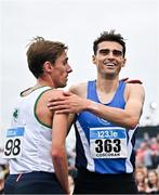 3 August 2025; Andrew Coscoran of Star of the Sea AC, Meath, right, is congratulated by Brian Fay of Raheny Shamrock AC, Dublin, after winning the senior men's 5000m during day two of the 153rd 123.ie National Track & Field Senior Championships at Morton Stadium in Dublin. Photo by Sam Barnes/Sportsfile
