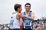 3 August 2025; Andrew Coscoran of Star of the Sea AC, Meath, right, is congratulated by Brian Fay of Raheny Shamrock AC, Dublin, after winning the senior men's 5000m during day two of the 153rd 123.ie National Track & Field Senior Championships at Morton Stadium in Dublin. Photo by Sam Barnes/Sportsfile