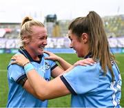 3 August 2025; Carla Rowe, left, and Kate Sullivan of Dublin celebrate after their side's victory in the TG4 All-Ireland Ladies Football Senior Championship final match between Dublin and Meath at Croke Park in Dublin. Photo by Piaras Ó Mídheach/Sportsfile