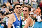 3 August 2025; Andrew Coscoran of Star of the Sea AC, Meath, left, is congratulated by Brian Fay of Raheny Shamrock AC, Dublin, after winning the senior men's 5000m during day two of the 153rd 123.ie National Track & Field Senior Championships at Morton Stadium in Dublin. Photo by Sam Barnes/Sportsfile