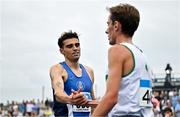 3 August 2025; Andrew Coscoran of Star of the Sea AC, Meath, left, is congratulated by Brian Fay of Raheny Shamrock AC, Dublin, after winning the senior men's 5000m during day two of the 153rd 123.ie National Track & Field Senior Championships at Morton Stadium in Dublin. Photo by Sam Barnes/Sportsfile