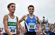 3 August 2025; Andrew Coscoran of Star of the Sea AC, Meath, right, is congratulated by Brian Fay of Raheny Shamrock AC, Dublin, after winning the senior men's 5000m during day two of the 153rd 123.ie National Track & Field Senior Championships at Morton Stadium in Dublin. Photo by Sam Barnes/Sportsfile