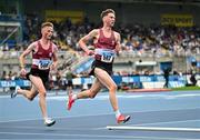 3 August 2025; Cormac Dalton of Mullingar Harriers AC, Westmeath, right, and Jack O'Leary of Mullingar Harriers AC, Westmeath, competes in the senior men's 5000m during day two of the 153rd 123.ie National Track & Field Senior Championships at Morton Stadium in Dublin. Photo by Sam Barnes/Sportsfile