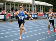 3 August 2025; Andrew Coscoran of Star of the Sea AC, Meath, left, on his way to winning the senior men's 5000m during day two of the 153rd 123.ie National Track & Field Senior Championships at Morton Stadium in Dublin. Photo by Sam Barnes/Sportsfile