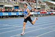 3 August 2025; Andrew Coscoran of Star of the Sea AC, Meath, crosses the line to win the senior men's 5000m during day two of the 153rd 123.ie National Track & Field Senior Championships at Morton Stadium in Dublin. Photo by Sam Barnes/Sportsfile
