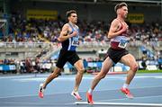 3 August 2025; Andrew Coscoran of Star of the Sea AC, Meath, left, on his way to winning the senior men's 5000m during day two of the 153rd 123.ie National Track & Field Senior Championships at Morton Stadium in Dublin. Photo by Sam Barnes/Sportsfile