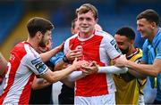 3 August 2025; Conor Carty of St Patrick's Athletic celebrates with team-mates after the SSE Airtricity Men's Premier Division match between Waterford and St Patrick's Athletic at Regional Sports Centre in Waterford. Photo by Tyler Miller/Sportsfile