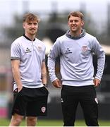 3 August 2025; Alex Bannon, left, and Jamie Stott of Derry City before the SSE Airtricity Men's Premier Division match between Shamrock Rovers and Derry City at Tallaght Stadium in Dublin.  Photo by Ben McShane/Sportsfile