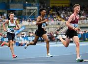 3 August 2025; Efrem Gidey of Clonliffe Harriers AC, Dublin, centre, competes in the senior men's 5000m during day two of the 153rd 123.ie National Track & Field Senior Championships at Morton Stadium in Dublin. Photo by Sam Barnes/Sportsfile