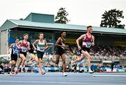 3 August 2025; Jack O'Leary of Mullingar Harriers AC, Westmeath, right, leads the field in the senior men's 5000m during day two of the 153rd 123.ie National Track & Field Senior Championships at Morton Stadium in Dublin. Photo by Sam Barnes/Sportsfile