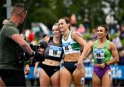 3 August 2025; Ciara Neville of Emerald AC, Limerick, centre, is congratulated by Lauren Roy of Fast Twitch AC, left, and Sarah Leahy of Killarney Valley AC, Kerry, after winning the senior women's 100m final during day two of the 153rd 123.ie National Track & Field Senior Championships at Morton Stadium in Dublin. Photo by Sam Barnes/Sportsfile