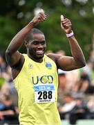 3 August 2025; Bori Akinola of UCD AC, Dublin, centre, after winning the senior men's 100m final during day two of the 153rd 123.ie National Track & Field Senior Championships at Morton Stadium in Dublin. Photo by Sam Barnes/Sportsfile