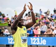 3 August 2025; Bori Akinola of UCD AC, Dublin, centre, after winning the senior men's 100m final during day two of the 153rd 123.ie National Track & Field Senior Championships at Morton Stadium in Dublin. Photo by Sam Barnes/Sportsfile