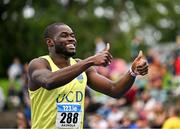 3 August 2025; Bori Akinola of UCD AC, Dublin, centre, after winning the senior men's 100m final during day two of the 153rd 123.ie National Track & Field Senior Championships at Morton Stadium in Dublin. Photo by Sam Barnes/Sportsfile