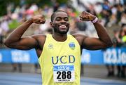 3 August 2025; Bori Akinola of UCD AC, Dublin, centre, after winning the senior men's 100m final during day two of the 153rd 123.ie National Track & Field Senior Championships at Morton Stadium in Dublin. Photo by Sam Barnes/Sportsfile