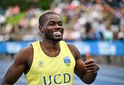 3 August 2025; Bori Akinola of UCD AC, Dublin, centre, after winning the senior men's 100m final during day two of the 153rd 123.ie National Track & Field Senior Championships at Morton Stadium in Dublin. Photo by Sam Barnes/Sportsfile