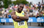 3 August 2025; Bori Akinola of UCD AC, Dublin, centre, after winning the senior men's 100m final during day two of the 153rd 123.ie National Track & Field Senior Championships at Morton Stadium in Dublin. Photo by Sam Barnes/Sportsfile