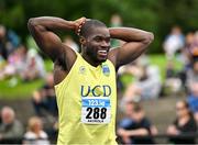 3 August 2025; Bori Akinola of UCD AC, Dublin, centre, after winning the senior men's 100m final during day two of the 153rd 123.ie National Track & Field Senior Championships at Morton Stadium in Dublin. Photo by Sam Barnes/Sportsfile