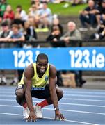 3 August 2025; Bori Akinola of UCD AC, Dublin, centre, after winning the senior men's 100m final during day two of the 153rd 123.ie National Track & Field Senior Championships at Morton Stadium in Dublin. Photo by Sam Barnes/Sportsfile
