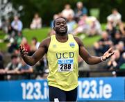 3 August 2025; Bori Akinola of UCD AC, Dublin, centre, after winning the senior men's 100m final during day two of the 153rd 123.ie National Track & Field Senior Championships at Morton Stadium in Dublin. Photo by Sam Barnes/Sportsfile
