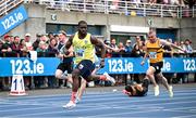 3 August 2025; Bori Akinola of UCD AC, Dublin, centre, on his way to winning the senior men's 100m final during day two of the 153rd 123.ie National Track & Field Senior Championships at Morton Stadium in Dublin. Photo by Sam Barnes/Sportsfile