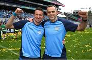 3 August 2025; Dublin joint managers Derek Murray, left, and Paul Casey celebrate after their side's victory in the TG4 All-Ireland Ladies Football Senior Championship final match between Dublin and Meath at Croke Park in Dublin. Photo by Seb Daly/Sportsfile