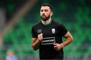 3 August 2025; Roberto Lopes of Shamrock Rovers warms up wearing the jersey of Templeogue United’s over 35’s in support of the O’Neill family before the SSE Airtricity Men's Premier Division match between Shamrock Rovers and Derry City at Tallaght Stadium in Dublin.  Photo by Stephen McCarthy/Sportsfile