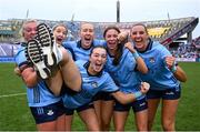 3 August 2025; Dublin players, from left, Carla Rowe, Caoimhe O'Connor, Jodi Egan, Clodagh Fox, Sophie McIntyre and Chloe Darby celebrate after their side's victory in the TG4 All-Ireland Ladies Football Senior Championship final match between Dublin and Meath at Croke Park in Dublin. Photo by Shauna Clinton/Sportsfile