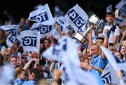 3 August 2025; Dublin captain Carla Rowe lifts the Brendan Martin cup after her side's victory in the TG4 All-Ireland Ladies Football Senior Championship final match between Dublin and Meath at Croke Park in Dublin. Photo by Seb Daly/Sportsfile
