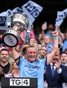 3 August 2025; Dublin captain Carla Rowe lifts the Brendan Martin cup after her side's victory in the TG4 All-Ireland Ladies Football Senior Championship final match between Dublin and Meath at Croke Park in Dublin. Photo by Piaras Ó Mídheach/Sportsfile
