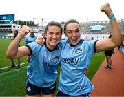 3 August 2025; Dublin players Kate Sullivan, left, and Sinéad Goldrick celebrate after their side's victory in the TG4 All-Ireland Ladies Football Senior Championship final match between Dublin and Meath at Croke Park in Dublin. Photo by Seb Daly/Sportsfile