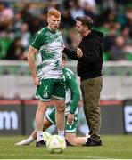 3 August 2025; Shamrock Rovers manager Stephen Bradley, right, in conversation with Rory Gaffney of Shamrock Rovers before the SSE Airtricity Men's Premier Division match between Shamrock Rovers and Derry City at Tallaght Stadium in Dublin.  Photo by Ben McShane/Sportsfile